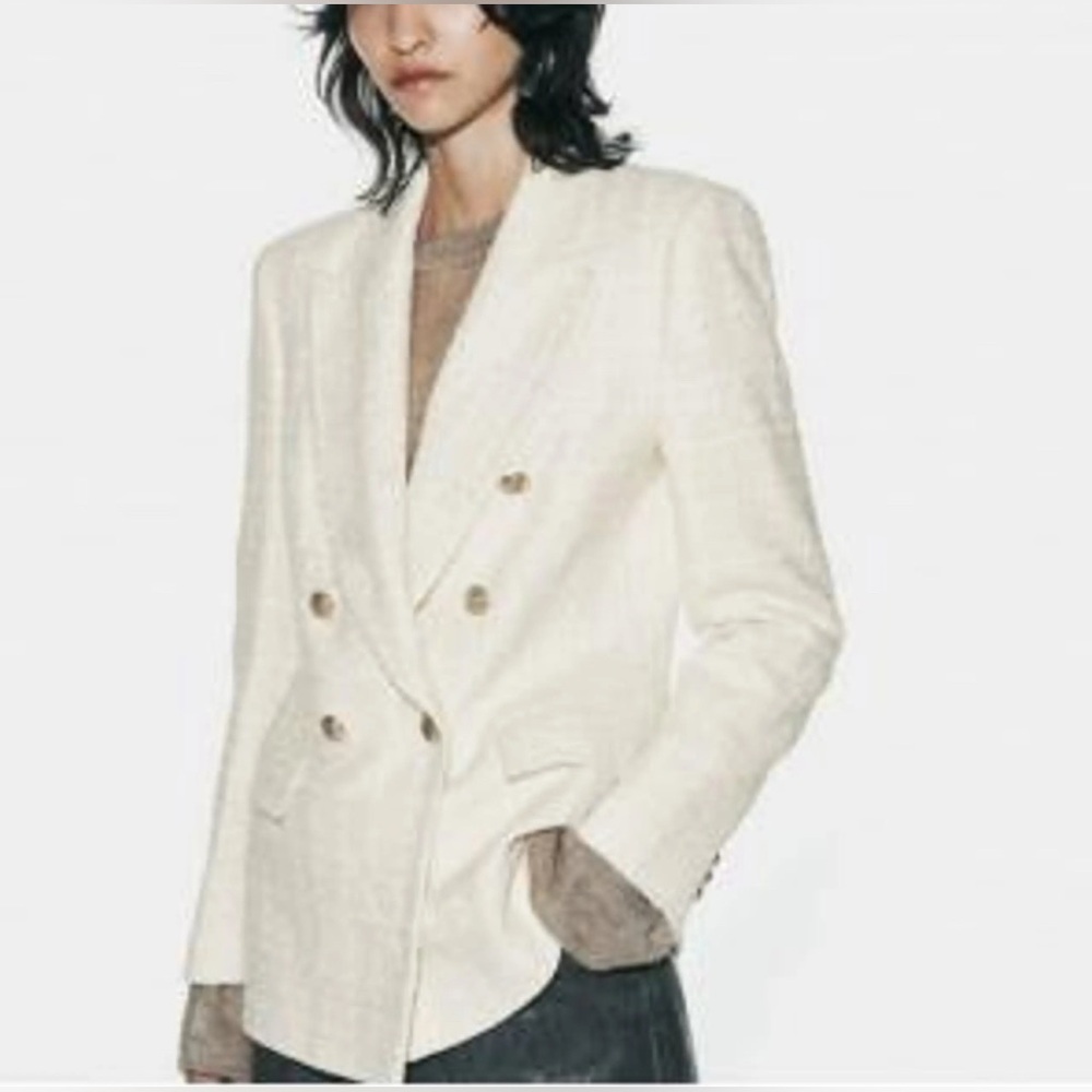 Tweed Cream Double-Breasted Blazer - Picture 1 of 6